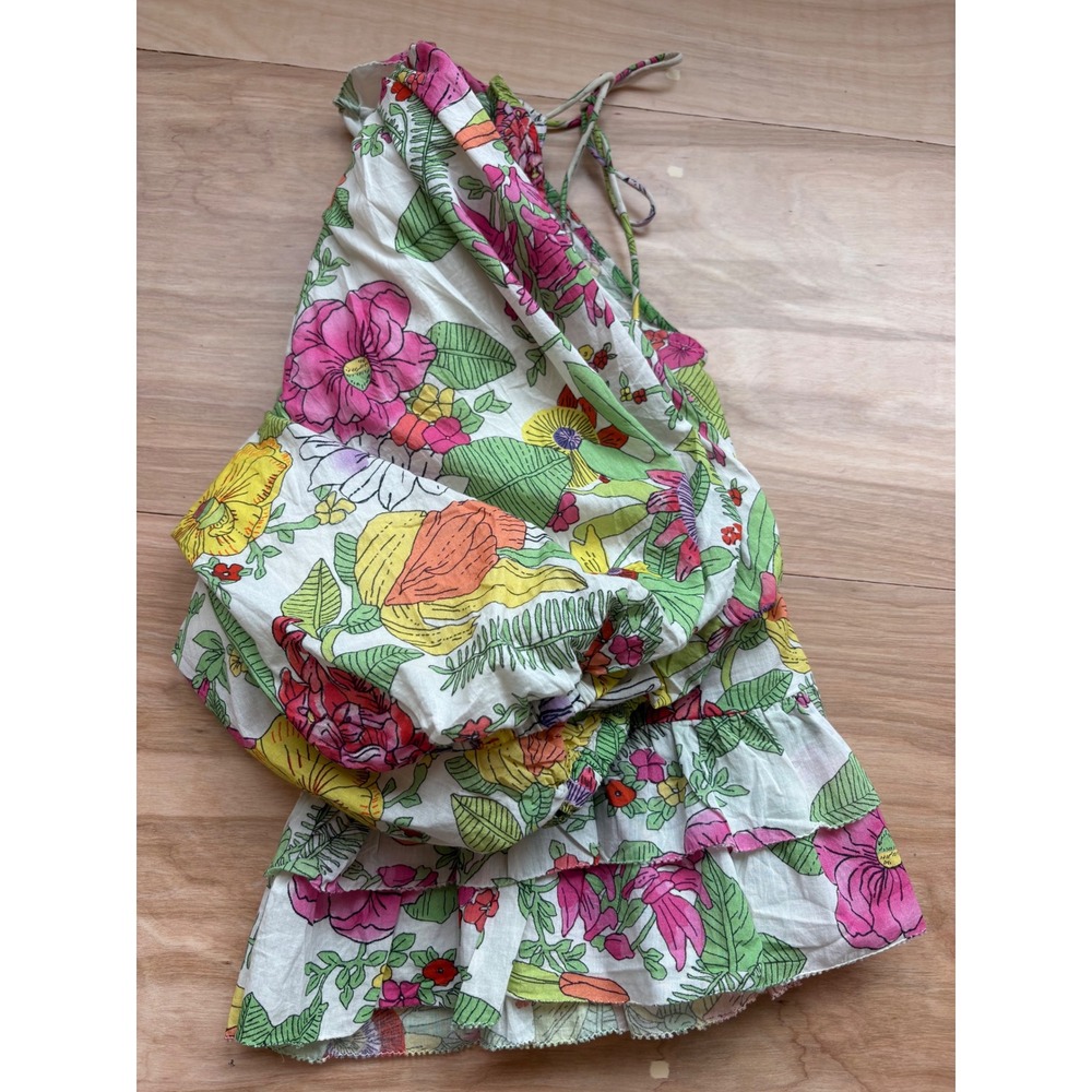 Love The Label Floral Puff Sleeve Ruffle Top V-Neck Cotton Womens L Bohemian - Picture 8 of 8
